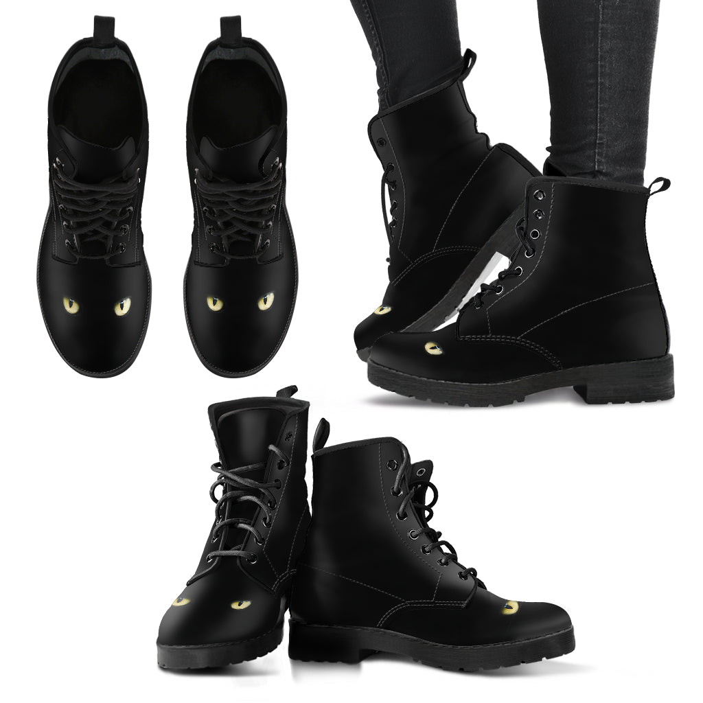 Black Cat Eyes Womens Boots Fashion Combat Boots, Vegan Leather Boots, Custom Shoes, Custom Boots, Cool Shoes