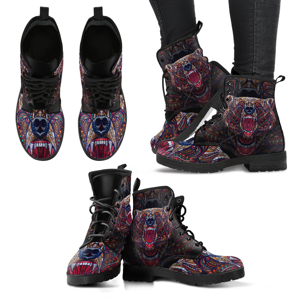 Dark Bear Womens Boots, Printed Custom Shoes, Women's Boots, Vegan Leather Combat Boots, Classic Boot, Lace Up Boot , Casual Boots Women
