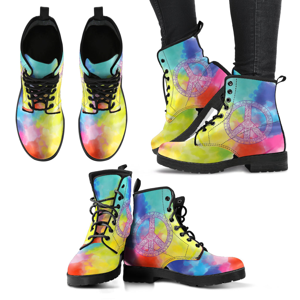 Colorful Peace Women's Leather Boots, Fashion Combat Boots, Vegan Leather Boots, Custom Shoes, Custom Boots, Cool Shoes