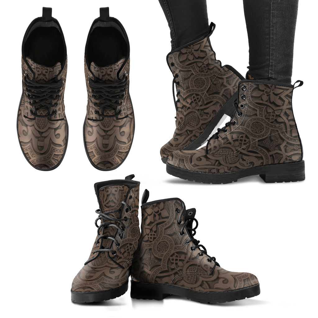 Brown Decor Womens Boots, Fashion Combat Boots, Vegan Leather Boots, Custom Shoes, Custom Boots, Cool Shoes