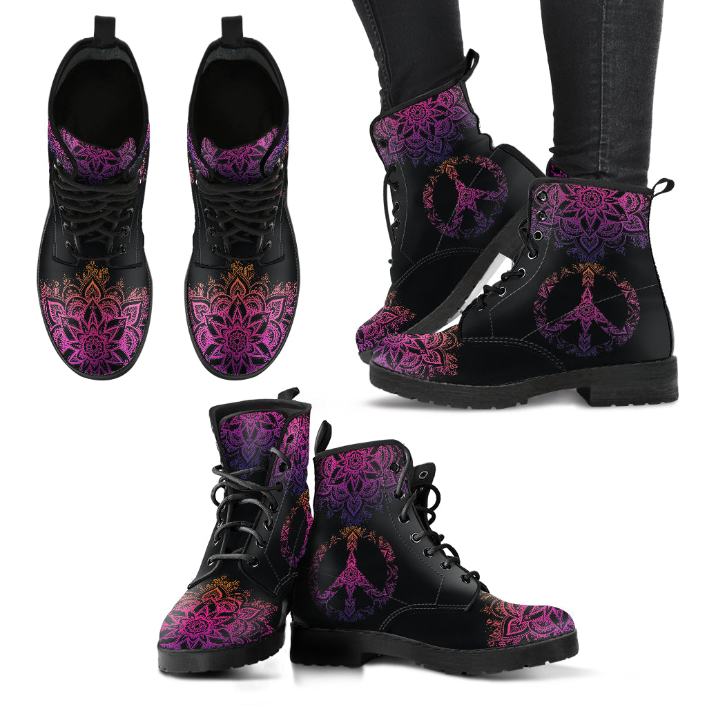 Dark Peace Sign Mandala Womens Boots, Womans Combat boots, Boho Hippie Boots