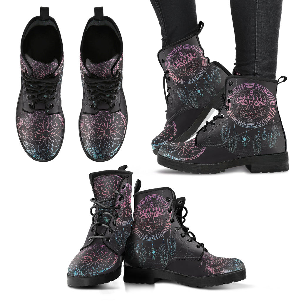 Boho Sun Dream Catcher Mandala Womens Boots, Fashion Combat Boots, Vegan Leather Boots, Custom Shoes, Custom Boots, Cool Shoes