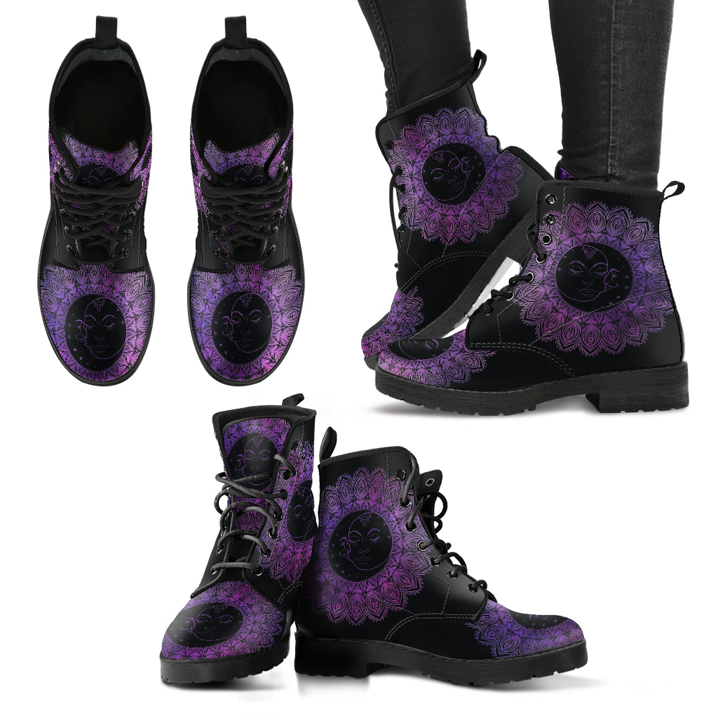 Watercolor Sun Moon Mandala Women's Leather Boots
