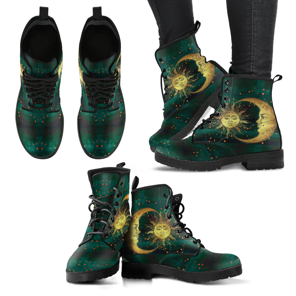 Brown Sun & Moon Womens Boots, Fashion Combat Boots, Vegan Leather Boots, Custom Shoes, Custom Boots, Cool Shoes