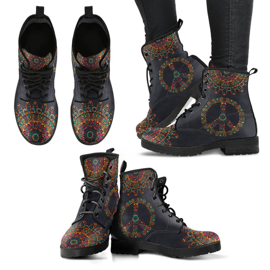 Colorful Peace and Mandala Handcrafted Boots, Fashion Combat Boots, Vegan Leather Boots, Custom Shoes, Custom Boots, Cool Shoes