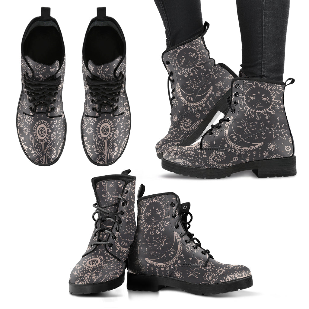 Brown Sun & Moon Womens Boots, Fashion Combat Boots, Vegan Leather Boots, Custom Shoes, Custom Boots, Cool Shoes