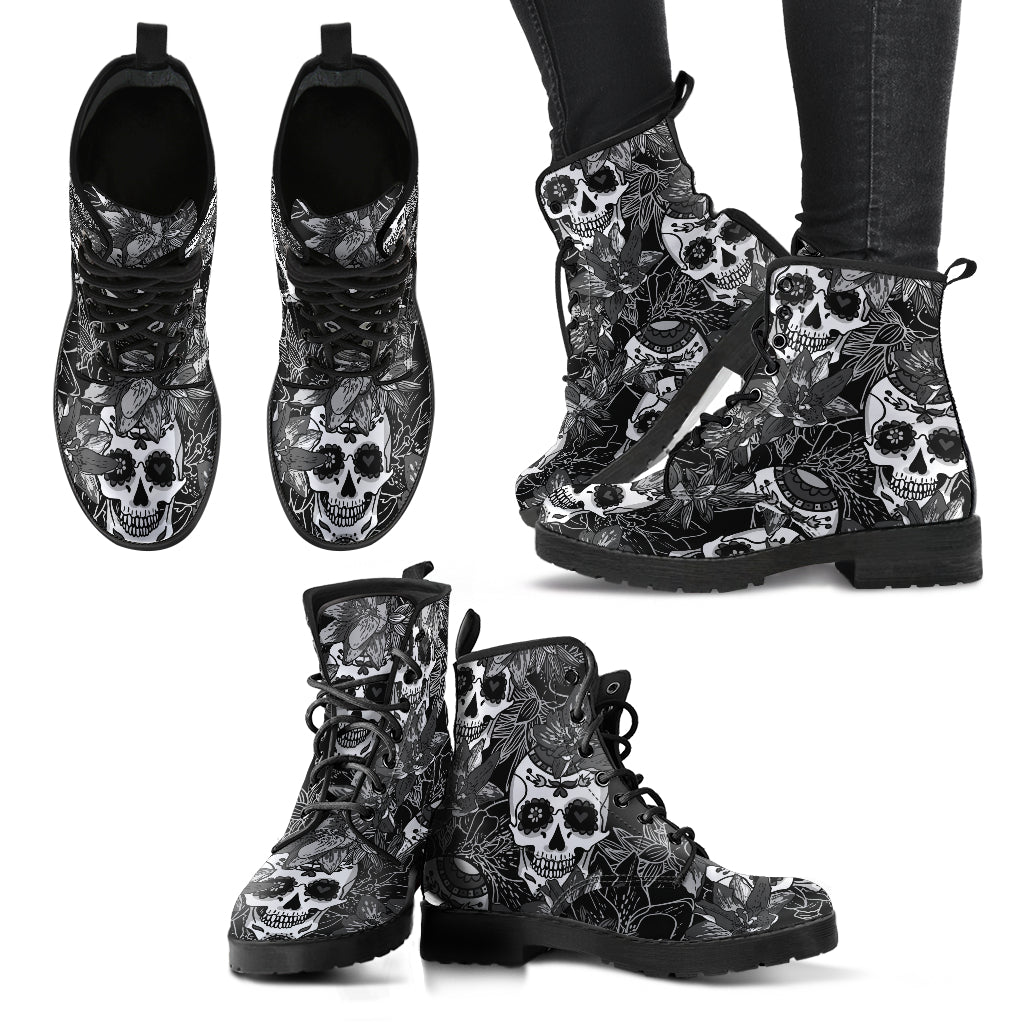 Black & White Skulls Womens Boots Fashion Combat Boots, Vegan Leather Boots, Custom Shoes, Custom Boots, Cool Shoes