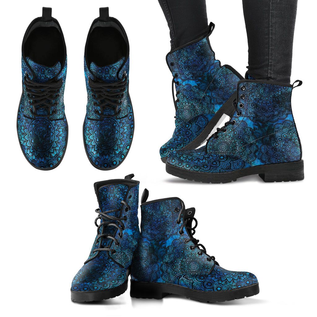 Blue Mandalas Womens Boots, Fashion Combat Boots, Vegan Leather Boots, Custom Shoes, Custom Boots, Cool Shoes