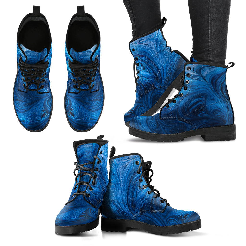 Blue Abstract Swirls Womens Boots, Fashion Combat Boots, Vegan Leather Boots, Custom Shoes, Custom Boots, Cool Shoes
