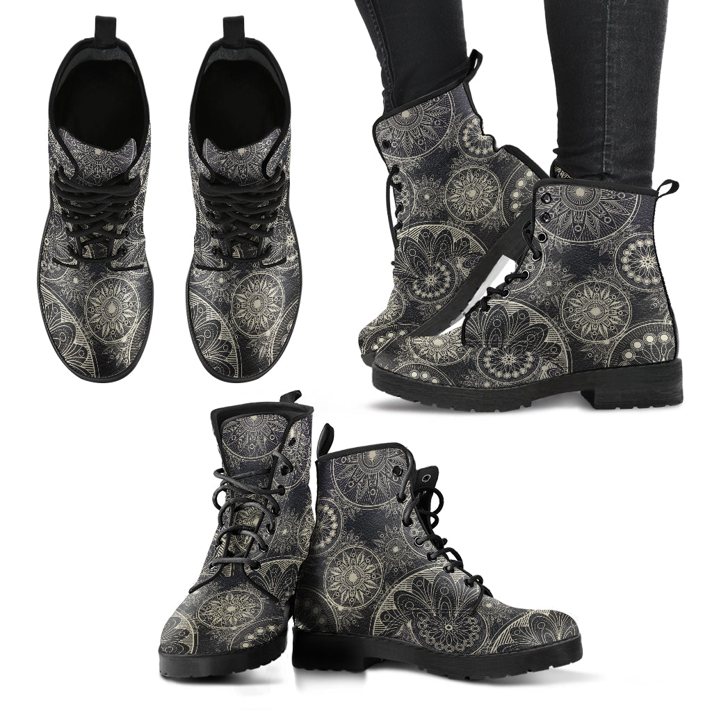 Brown Boho Mandalas Womens Boots, Fashion Combat Boots, Vegan Leather Boots, Custom Shoes, Custom Boots, Cool Shoes