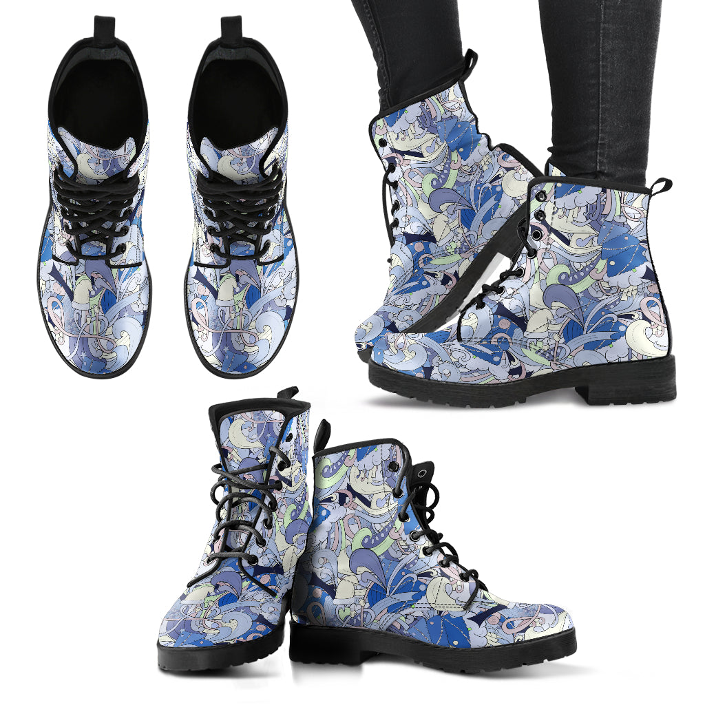 Blue Funky Abstract Womens Boots, Fashion Combat Boots, Vegan Leather Boots, Custom Shoes, Custom Boots, Cool Shoes