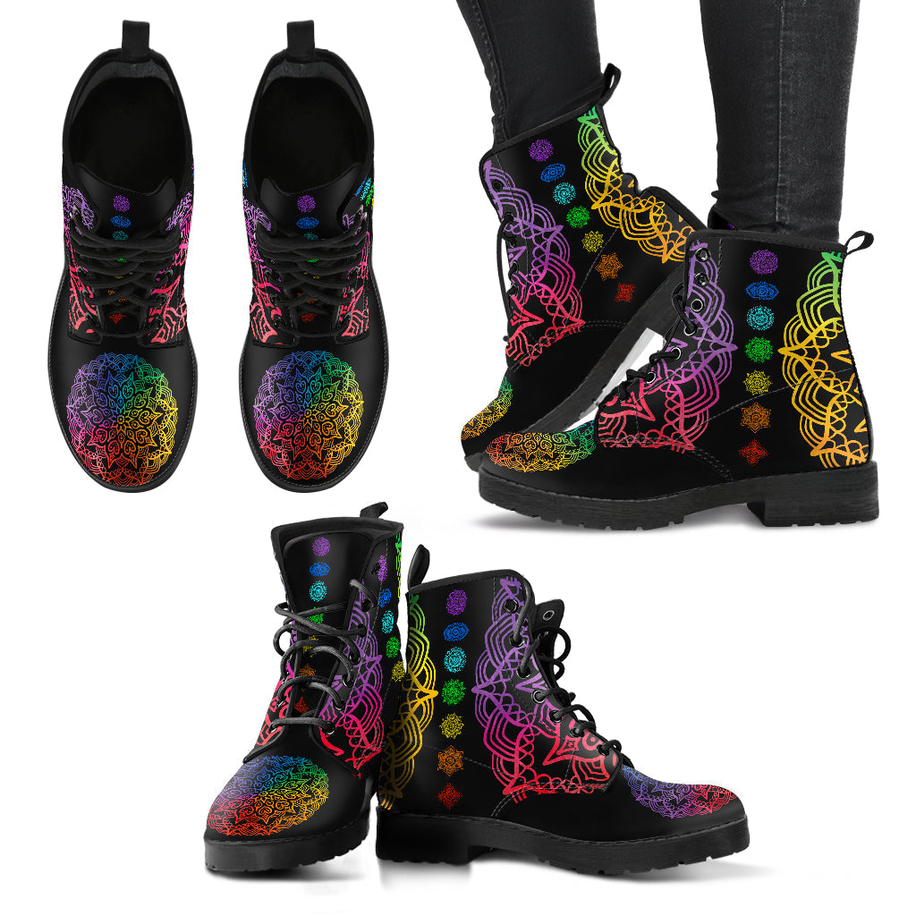 Colorful Mandalas Chakras Lotus Womens Boots, Fashion Combat Boots, Vegan Leather Boots, Custom Shoes, Custom Boots, Cool Shoes
