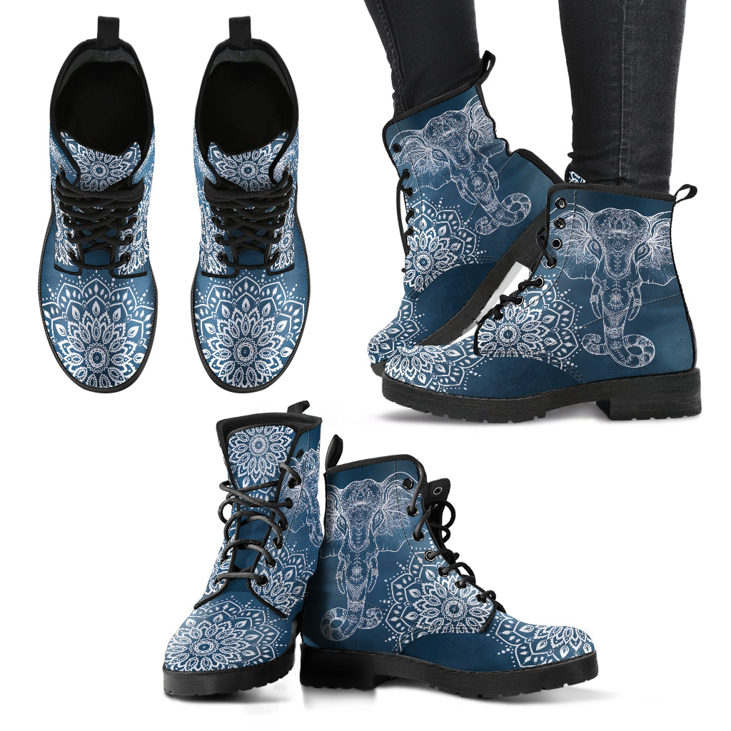 Blue Grey Elephant Mandala Womens Boots, Fashion Combat Boots, Vegan Leather Boots, Custom Shoes, Custom Boots, Cool Shoes