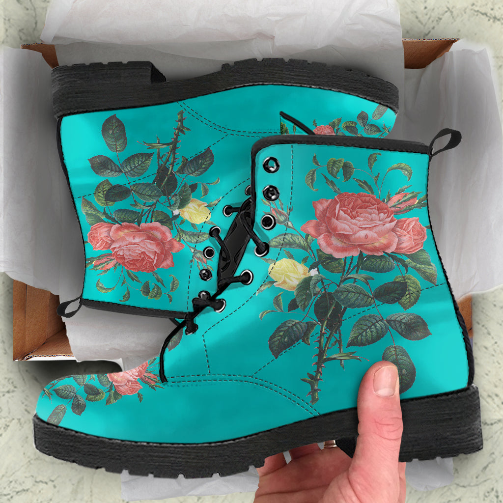 Blue Rose Floral Print Womens, Fashion Combat Boots, Vegan Leather Boots, Custom Shoes, Custom Boots, Cool Shoes