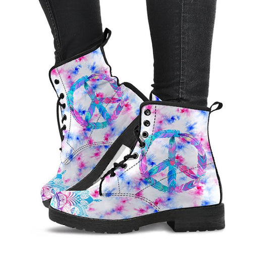 White printed boots with pink blue tie-dye and turquoise peace sign artwork