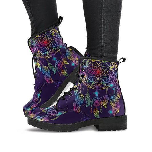 Purple printed boots with rainbow dreamcatcher and feather artwork