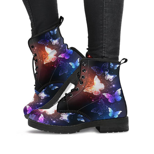 Dark printed boots with glowing blue purple and orange butterfly artwork
