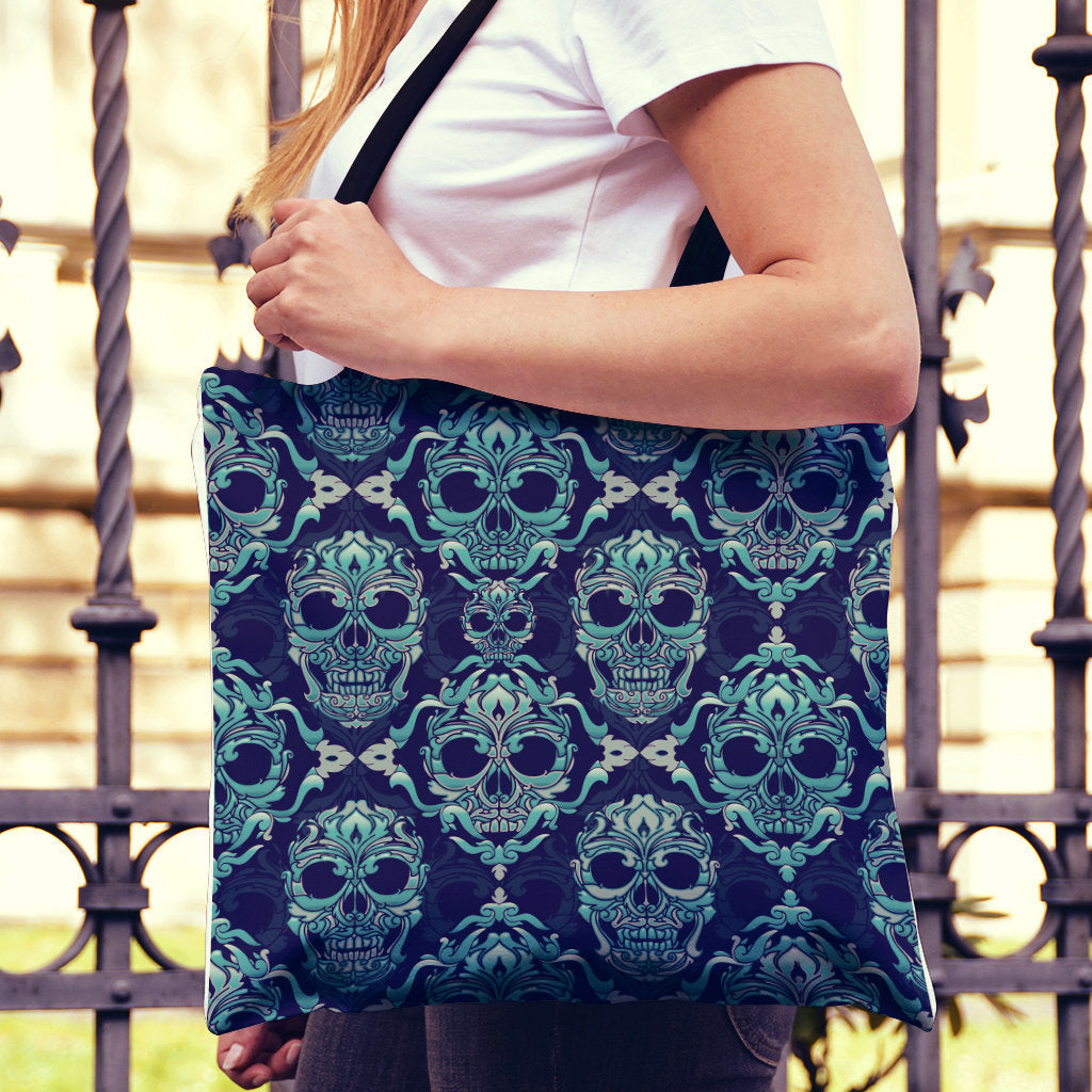 Green Skulls Pattern Canvas Tote Bag