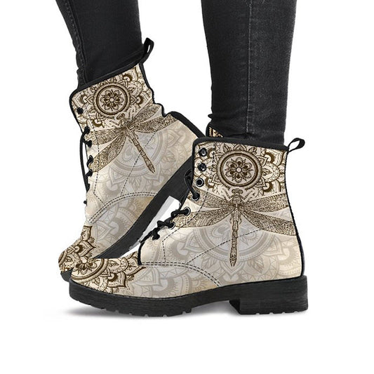 Beige Mandala Dragonfly Womens Boots Fashion Combat Boots, Vegan Leather Boots, Custom Shoes, Custom Boots, Cool Shoes