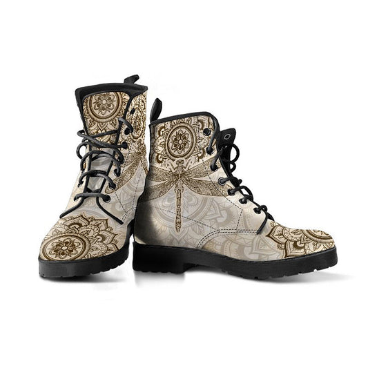 Beige Mandala Dragonfly Womens Boots Fashion Combat Boots, Vegan Leather Boots, Custom Shoes, Custom Boots, Cool Shoes