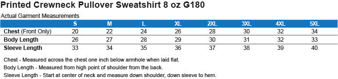 G180 Sweatshirt Size Guide