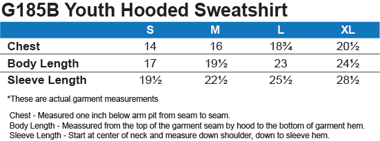 G185B Youth Pullover Hoodie Size Guide