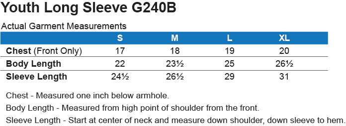 G240B Youth Long Sleeve T-Shirt Size Guide