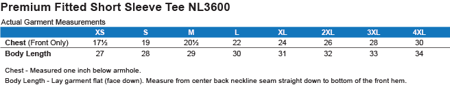 NL3600 Adult T-Shirt Size Guide