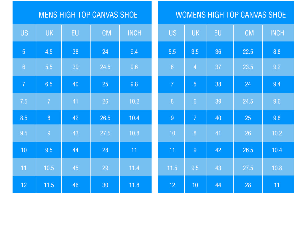 High Top Shoes Size Guide