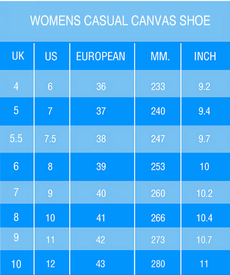 Women's Casual Shoes Size Guide