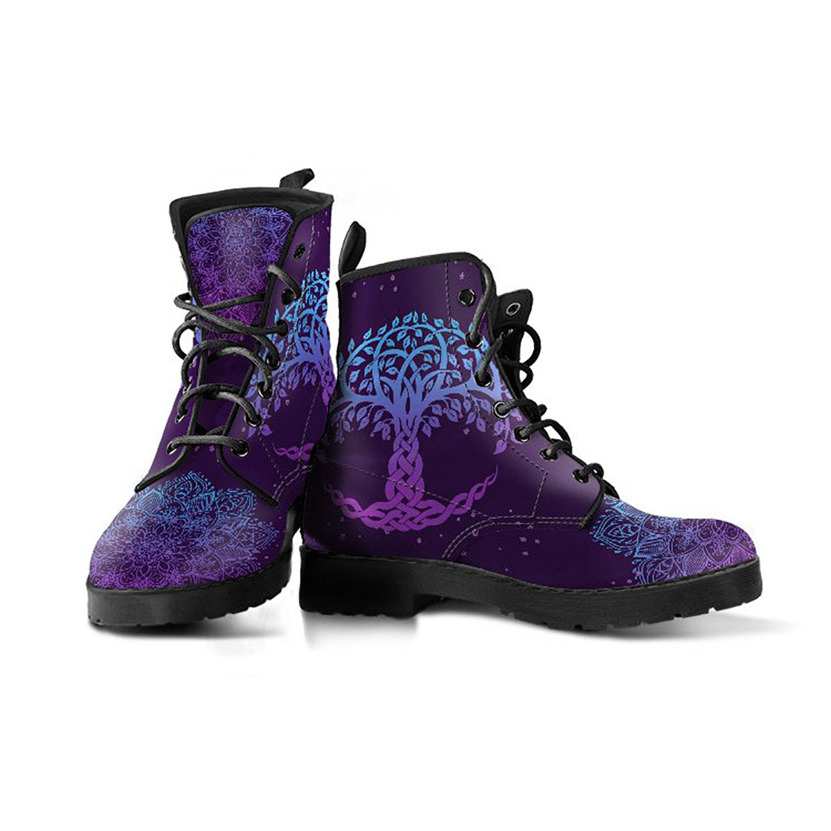 Purple tree of life printed boots, side view