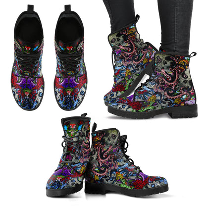 Colorful Skulls & Octopus Womens Boots, Fashion Combat Boots, Vegan Leather Boots, Custom Shoes, Custom Boots, Cool Shoes