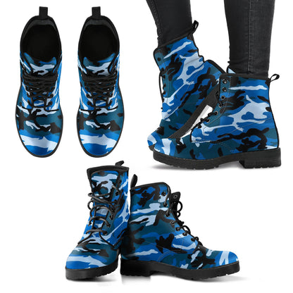 Blue Abstract Camouflage Womens Boots, Fashion Combat Boots, Vegan Leather Boots, Custom Shoes, Custom Boots, Cool Shoes