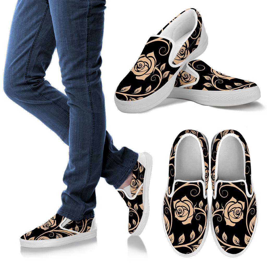 Tan Roses Decor Slip On Shoes