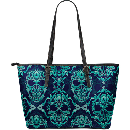 Green Skulls Pattern Leather Tote Bag