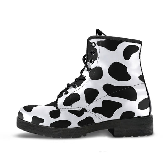 Cow Print Boots, Printed Custom Shoes, Women's Boots, Vegan Leather Combat Boots, Classic Boot, Lace Up Boot , Casual Boots Women