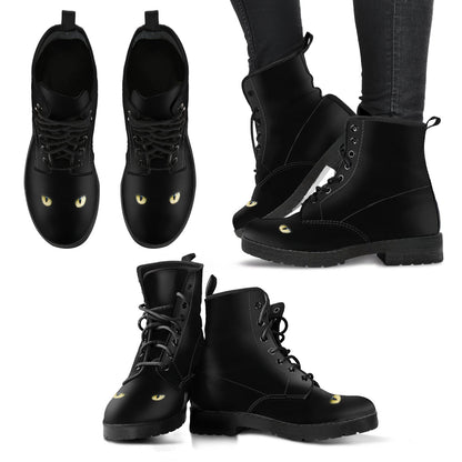 Black Cat Eyes Womens Boots Fashion Combat Boots, Vegan Leather Boots, Custom Shoes, Custom Boots, Cool Shoes