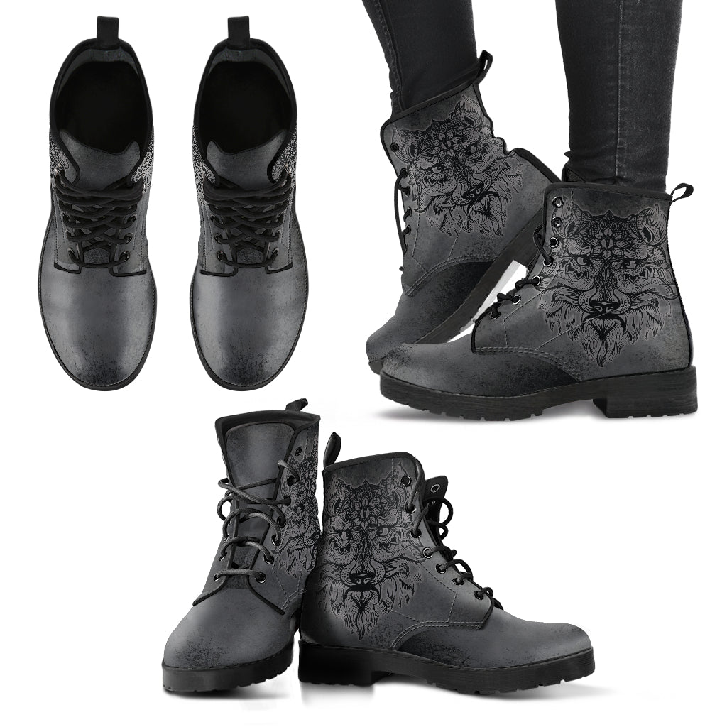 Boho Wolf Handcrafted Boots, Fashion Combat Boots, Vegan Leather Boots, Custom Shoes, Custom Boots, Cool Shoes