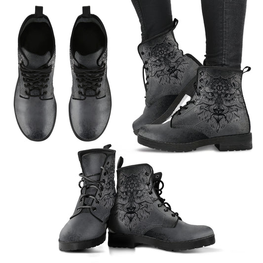 Boho Wolf Handcrafted Boots, Fashion Combat Boots, Vegan Leather Boots, Custom Shoes, Custom Boots, Cool Shoes