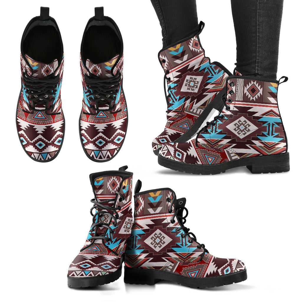 Brown Boho Aztec Womens Boots, Fashion Combat Boots, Vegan Leather Boots, Custom Shoes, Custom Boots, Cool Shoes