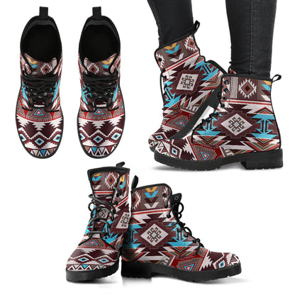 Brown Boho Aztec Womens Boots, Fashion Combat Boots, Vegan Leather Boots, Custom Shoes, Custom Boots, Cool Shoes