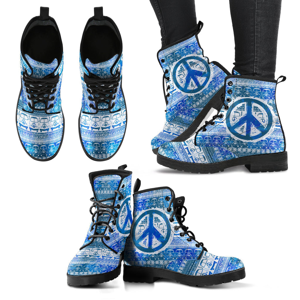 Blue Peace Sign Hippie Womens Boots, Fashion Combat Boots, Vegan Leather Boots, Custom Shoes, Custom Boots, Cool Shoes