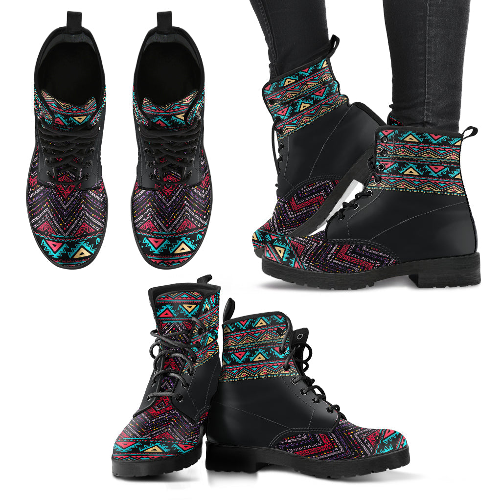 Dark Boho Aztec Womens Boots, Printed Custom Shoes, Women's Boots, Vegan Leather Combat Boots, Classic Boot, Lace Up Boot , Casual Boots Women
