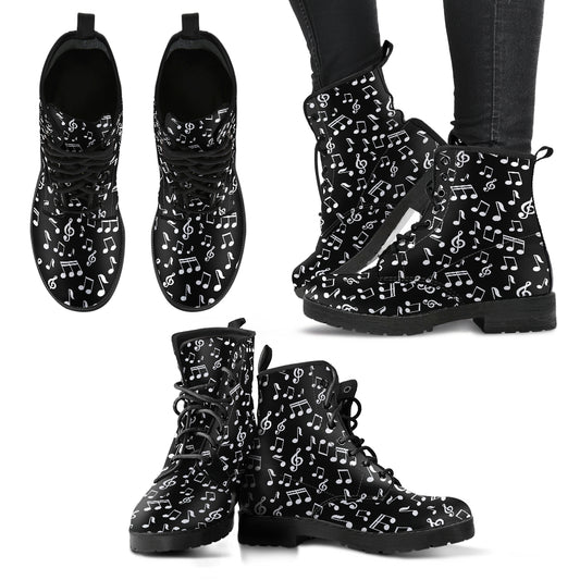 Black Music Notes Women's Leather Boots Fashion Combat Boots, Vegan Leather Boots, Custom Shoes, Custom Boots, Cool Shoes