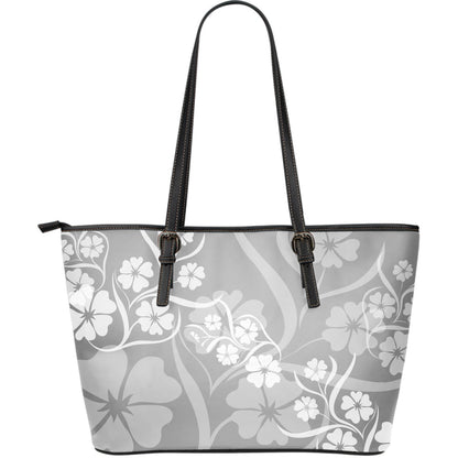 Grey Floral Decor Leather Tote Bag