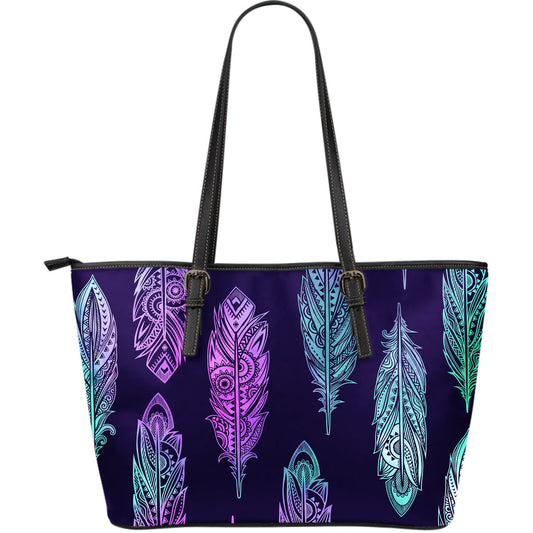 Neon Pink Feathers Leather Tote Bag