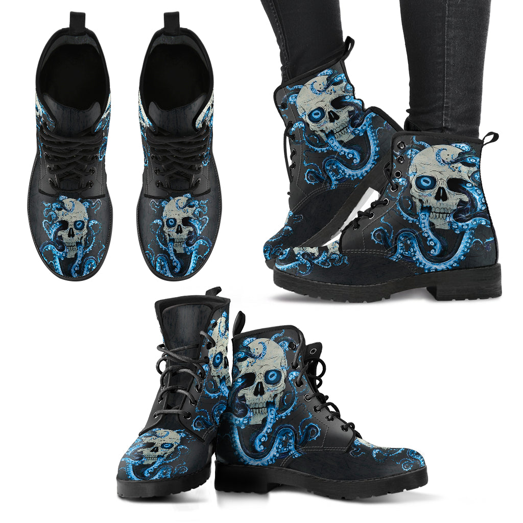 Blue skull and octopus printed boots – product image 3