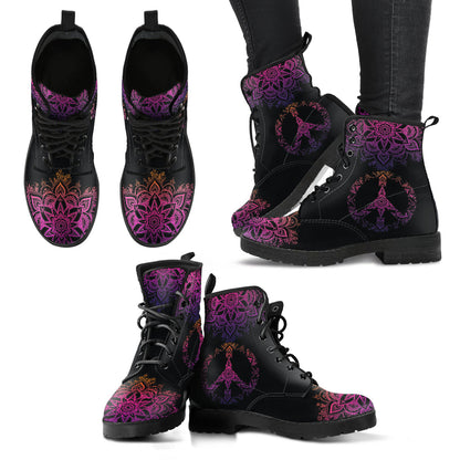 Dark Peace Sign Mandala Womens Boots, Womans Combat boots, Boho Hippie Boots