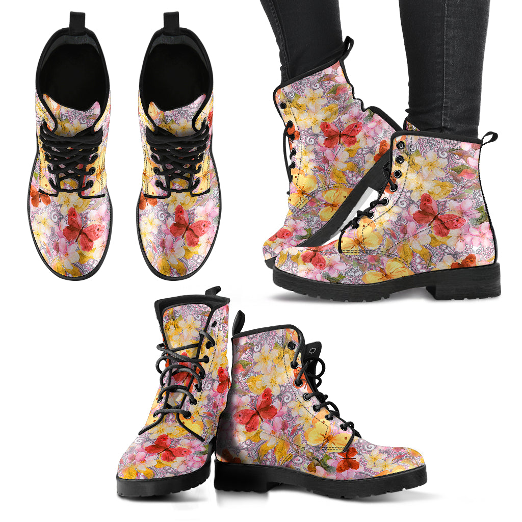 Colorful Watercolor Butterfly Womens Boots, Fashion Combat Boots, Vegan Leather Boots, Custom Shoes, Custom Boots, Cool Shoes