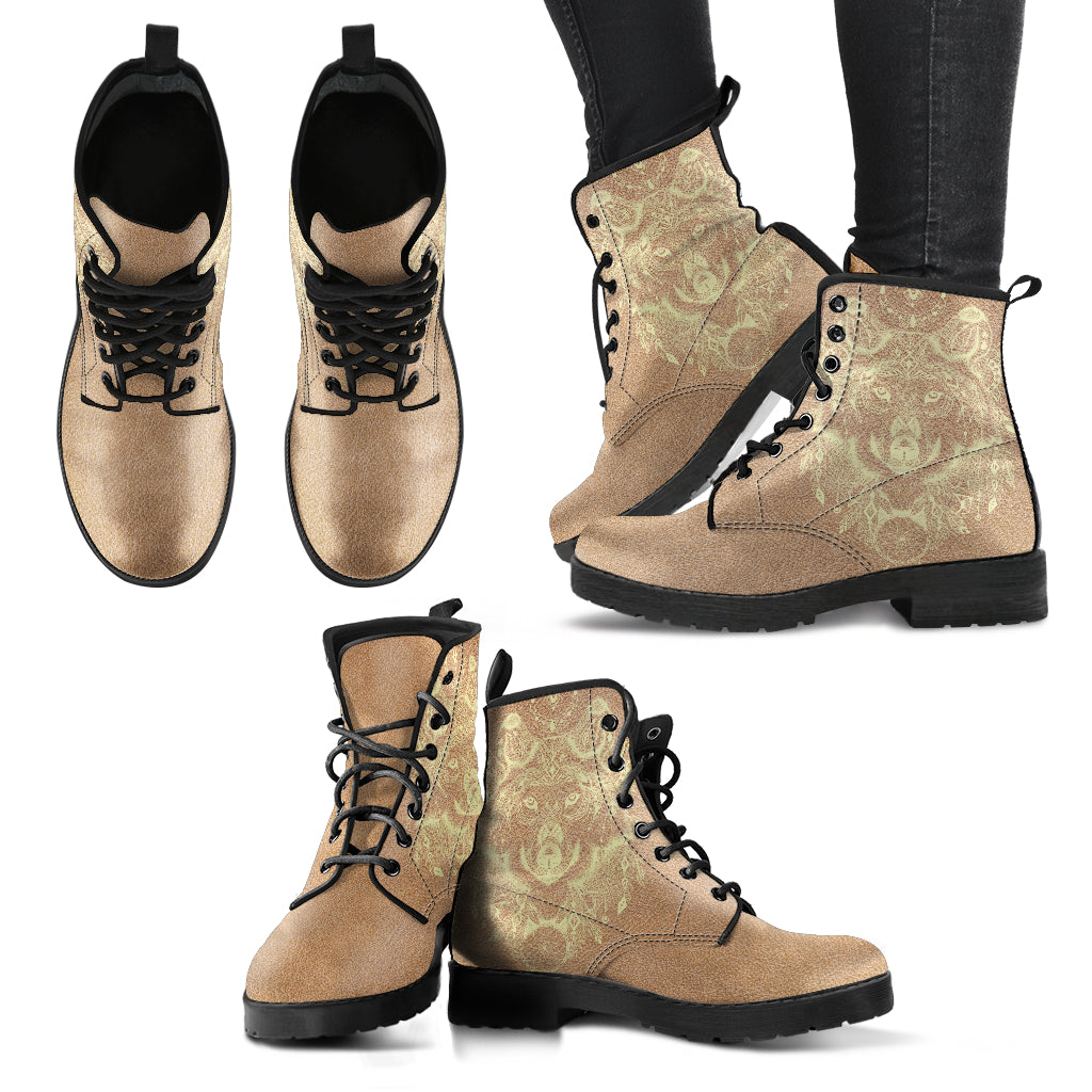 Brown Boho Wolf Womens Boots, Fashion Combat Boots, Vegan Leather Boots, Custom Shoes, Custom Boots, Cool Shoes